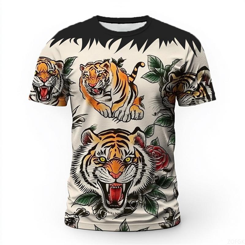 Vintage Tiger Pattern 3D Print Men's T-shirts Summer Fashion Crew Neck Short Sleeve T-shirts