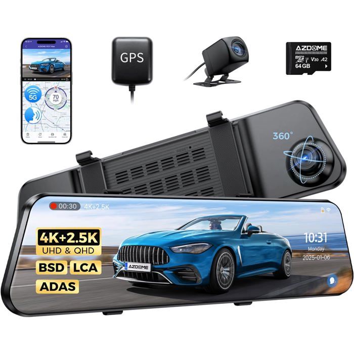Dashcam 4K Voor/Achter + 2.5K Achter, Wi-Fi 5G, SD 64 GB, nachtzicht, GPS, spraakbesturing