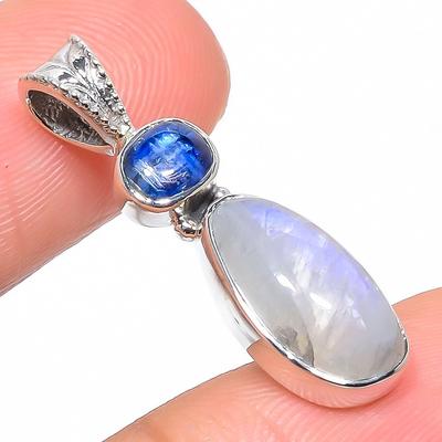 Naturlig regnbågsmånsten, kyanit 925 massivt sterlingsilver hänge 1.22" h0t91