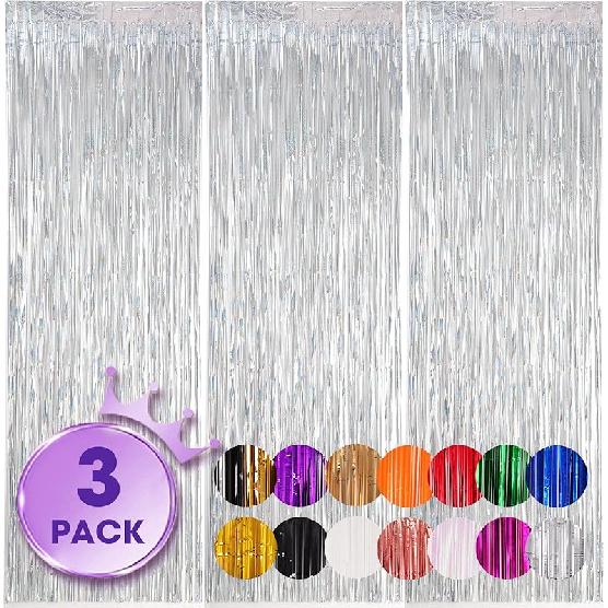 3 Pack 3.3x8.2 Feet Gold Foil Fringe Backdrop Curtains, Tinsel Streamers, Fringe Backdrop for 2025 New Years Eve, Graduation, Birthday, Baby Shower,