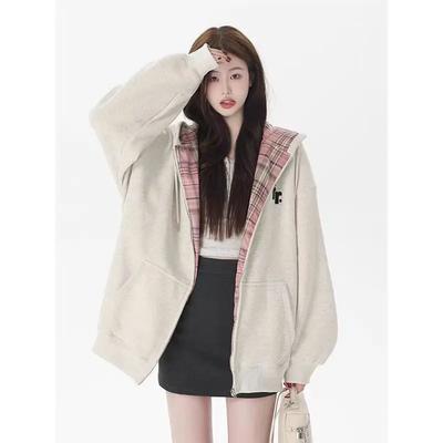 Sweatshirt for Women's Long Sleeved Jacket Splicing Lined Checkered Fabric Hooded