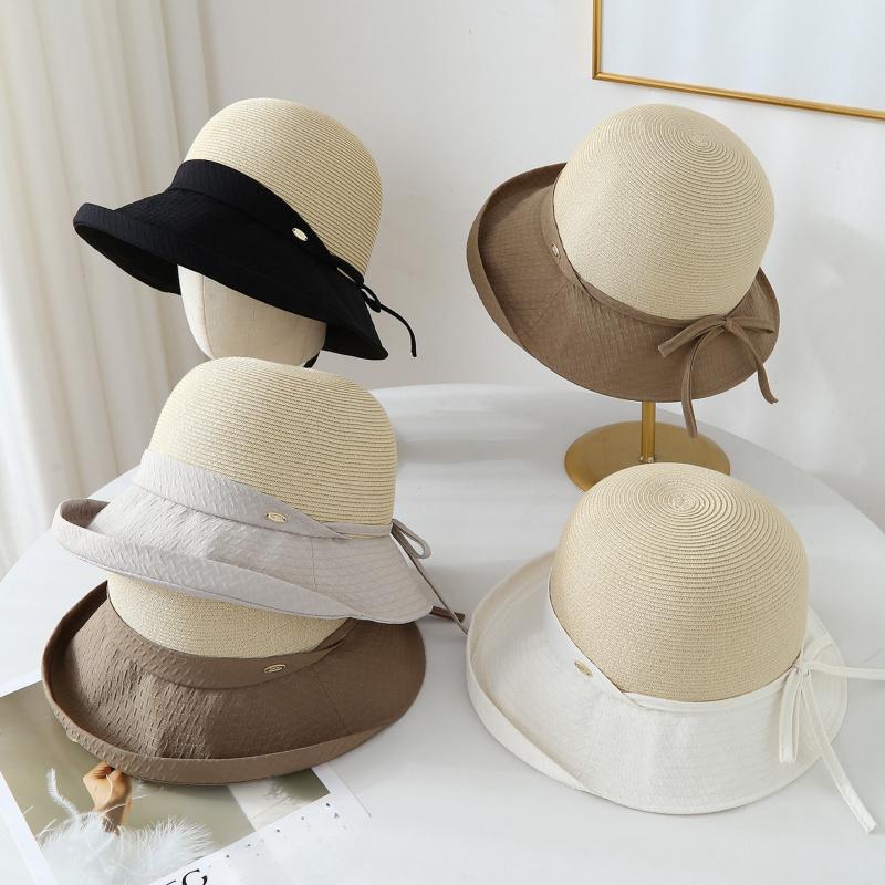 Korean-Style Women's Patchwork Hat Summer Bowknot Fisherman Beach Vacation Sunhat Accessory