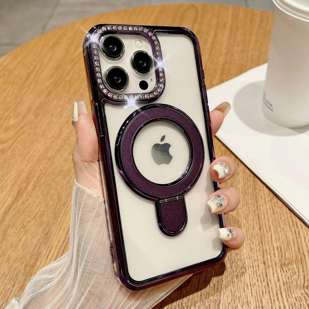 Suitable for Iphone15 Phone Case, Lens Flash Diamond, Apple 14promax, Gradient Feather, 13 Metal Stand, Hard Shell