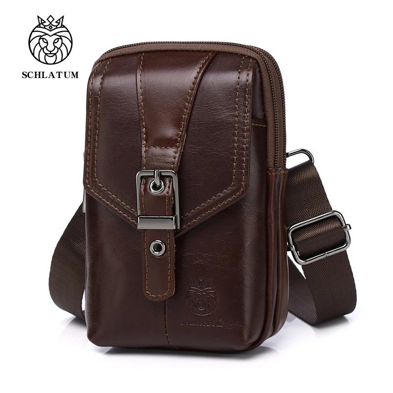 Men's genuine leather small shoulder crossbody phone bag with anti-theft multifunctional buckle