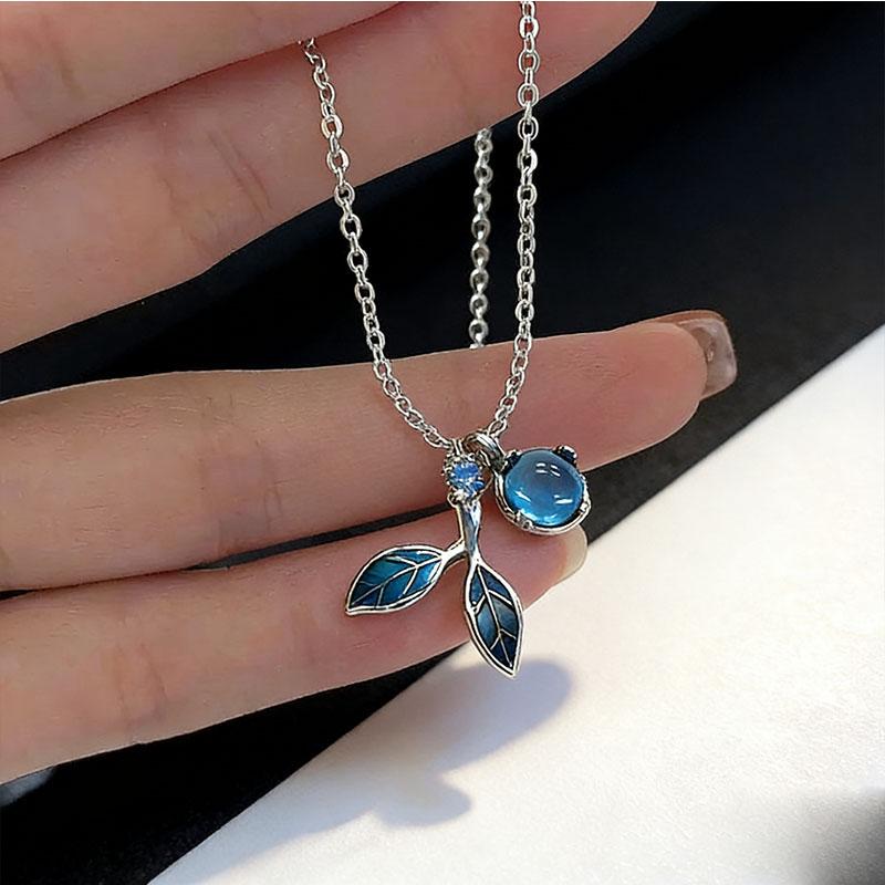 S925 Sterling Silver Necklaces For Women Simple Minimalist Pendant Necklaces Blue Leaf Moon Stone Chain Necklace Birthday Gift