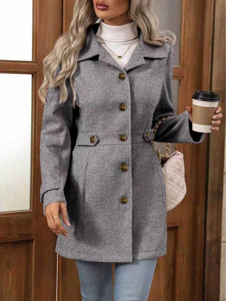 2026 Spring/Fall Mid-Length Elegant Woolen Coat with Lapel Button and Slim Fit Design