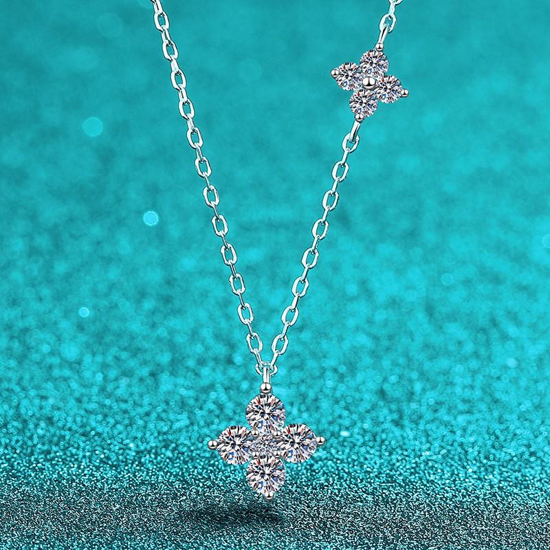 Sterling Flower Clover Pendant Necklace Women Elegant Minimalist Daily Wear With Moissanite Stone 925 Sterling Silver