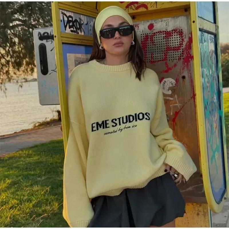 VAYLA Maglione a Lettere Giallo Lavorato a Maglia da Donna Elegante Girocollo Manica Lunga Corto Pullover Casual da Donna Nuovi Maglioni Street