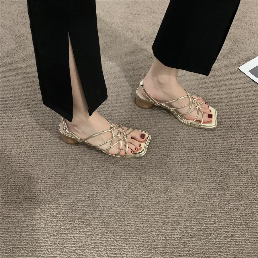 Fashion Sexy Cross Thin Strap Roman Style Thick Heel Sandals for Women 2025 Summer Advanced Solid Color Square Toe Open Toe Sandals