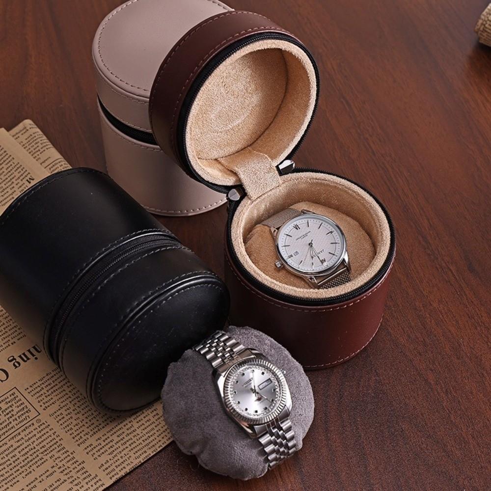 Round Flip-Top Watch Storage Box PU Leather Watch Storage Holder Watch Display Case  Daily Commute