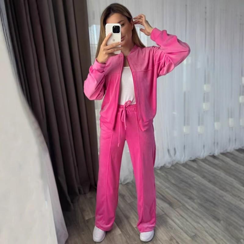 Womens Soft Fleece Lounge Set: Zip-Up Hoodie Top Drawstring Wide-Leg Pants Solid Color All-Season Comfort Wear