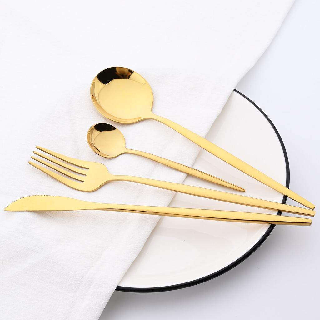 Set de vesela din aur, 24 buc, cuțit de masă, furculiță, lingură de cafea, tacâmuri, tacâmuri din oțel inoxidabil, tacâmuri de bucătărie, argintărie