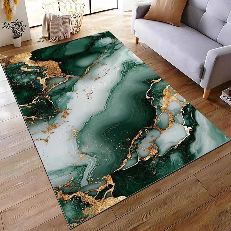 Elegant Green Marble with Gold Detailing – Non-slip rug suitable for living room and bedroom sofas.