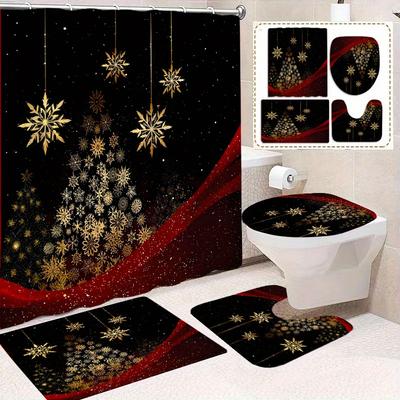 4-teiliges Badezimmer-Duschvorhang-Set Elegantes Weihnachtsbaum-Muster Badezimmervorhang mit 12 Haken Rutschfeste Teppiche Toilettenbezug Matte Badezimmer-Trennwand