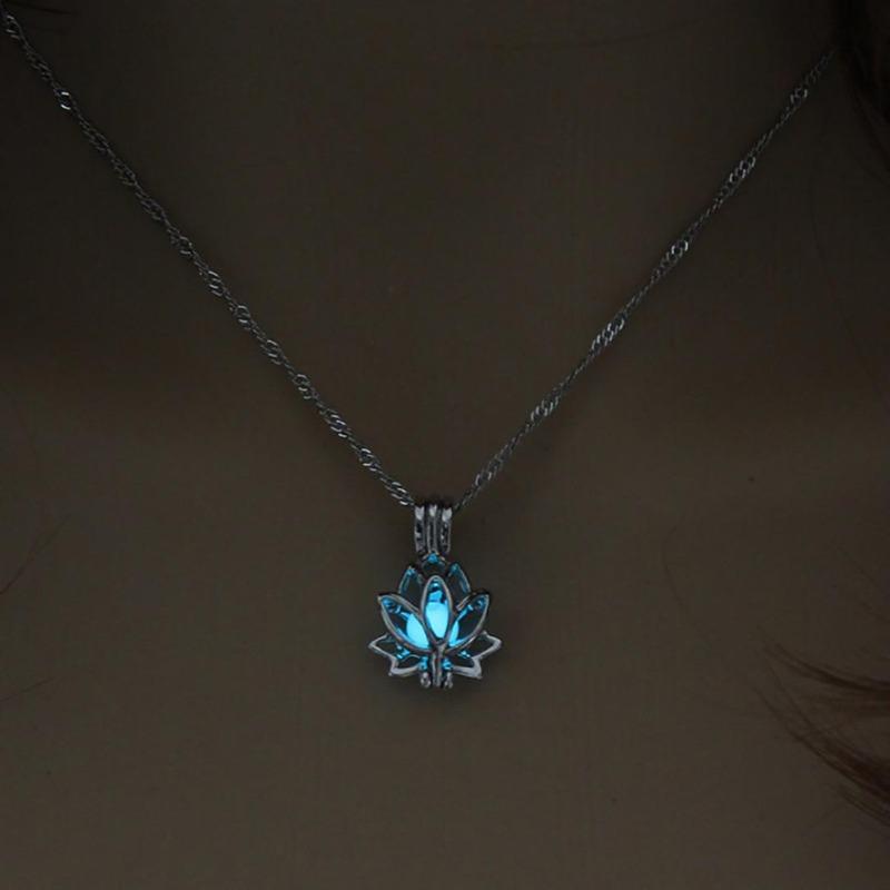 Creative Hollowed Lotus Glow In The Dark Pendant Necklace Luminous Jewelry Chain