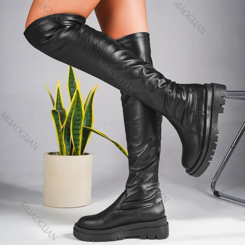 Women's Over-the-knee Boots Leather Platform Chunky Sole Round Toe Slip-On Sexy Thigh High Shoes for Women Street Style Footwear
