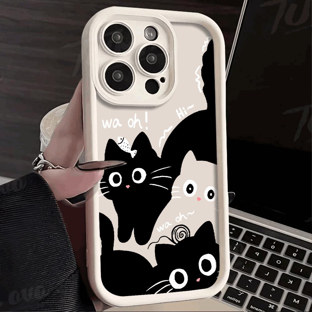 Cute black And White Cat Silicone Phone Case For iphone 16 15 14 13 12 11 Pro Max Shockproof Soft Shell Cover