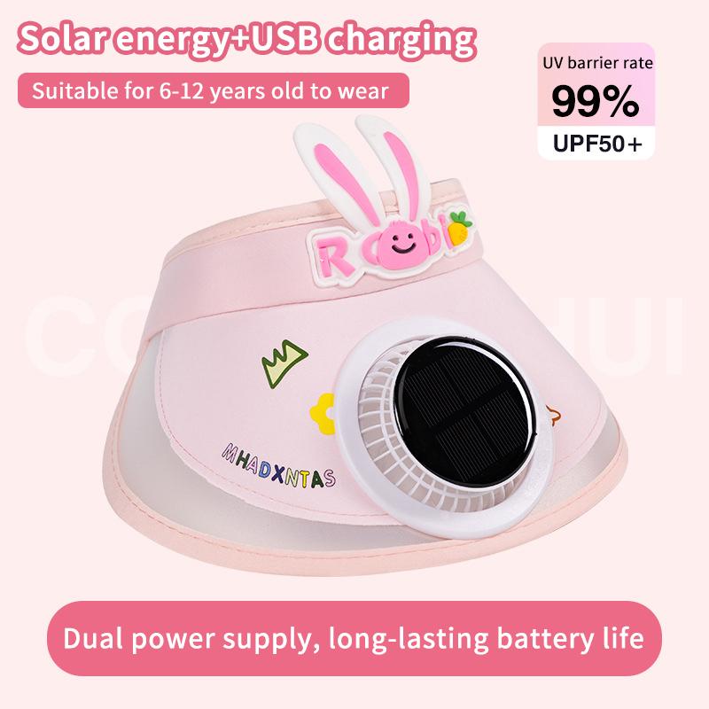 Cute Rabbit Kids Cooling Sun Visor Hat Solar Powered Fan UPF50 UV Protection for Beach Trip