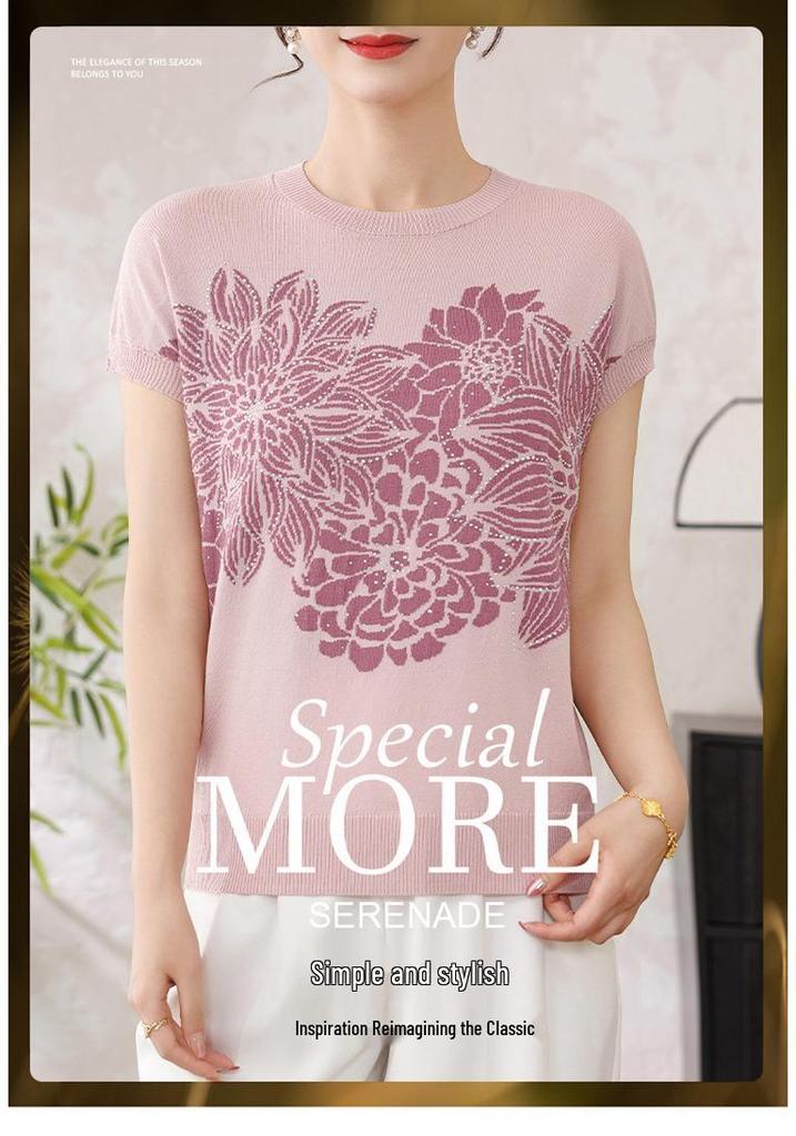 Summer Style Ice Silk Short-Sleeved T-Shirt & Knit Cardigan for Middle-Aged and Elderly Women