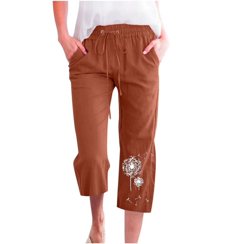 Spodnie damskie w stylu Casual, letnia, jednokolorowa, elastyczna, z wysokim stanem, bawełniana i lniana, luźne spodnie, kieszeń ze sznurkiem, spodnie do połowy nogawki