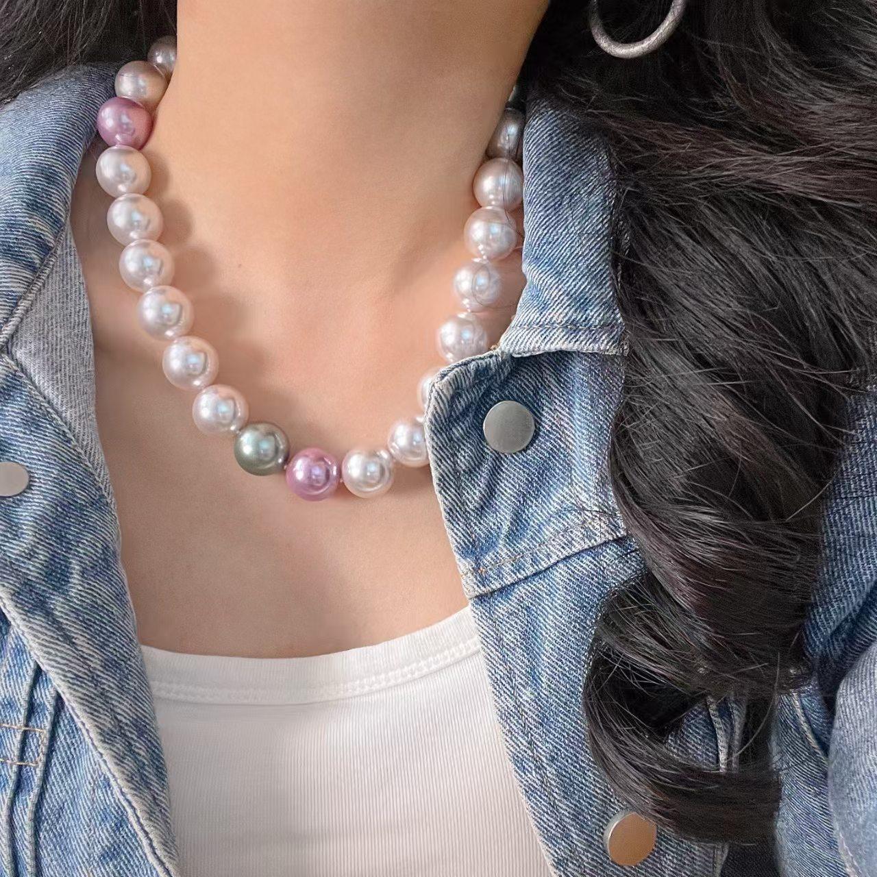 

Vintage 16Mm Large Granular Color Pink Coffee Artificial Crystal Pearl Necklace Clavicle