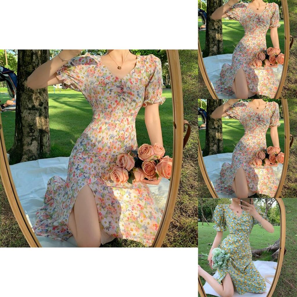 Summer Plus Size Floral Dress With V-neckline And Puff Sleeves Perfect For Any Occasion