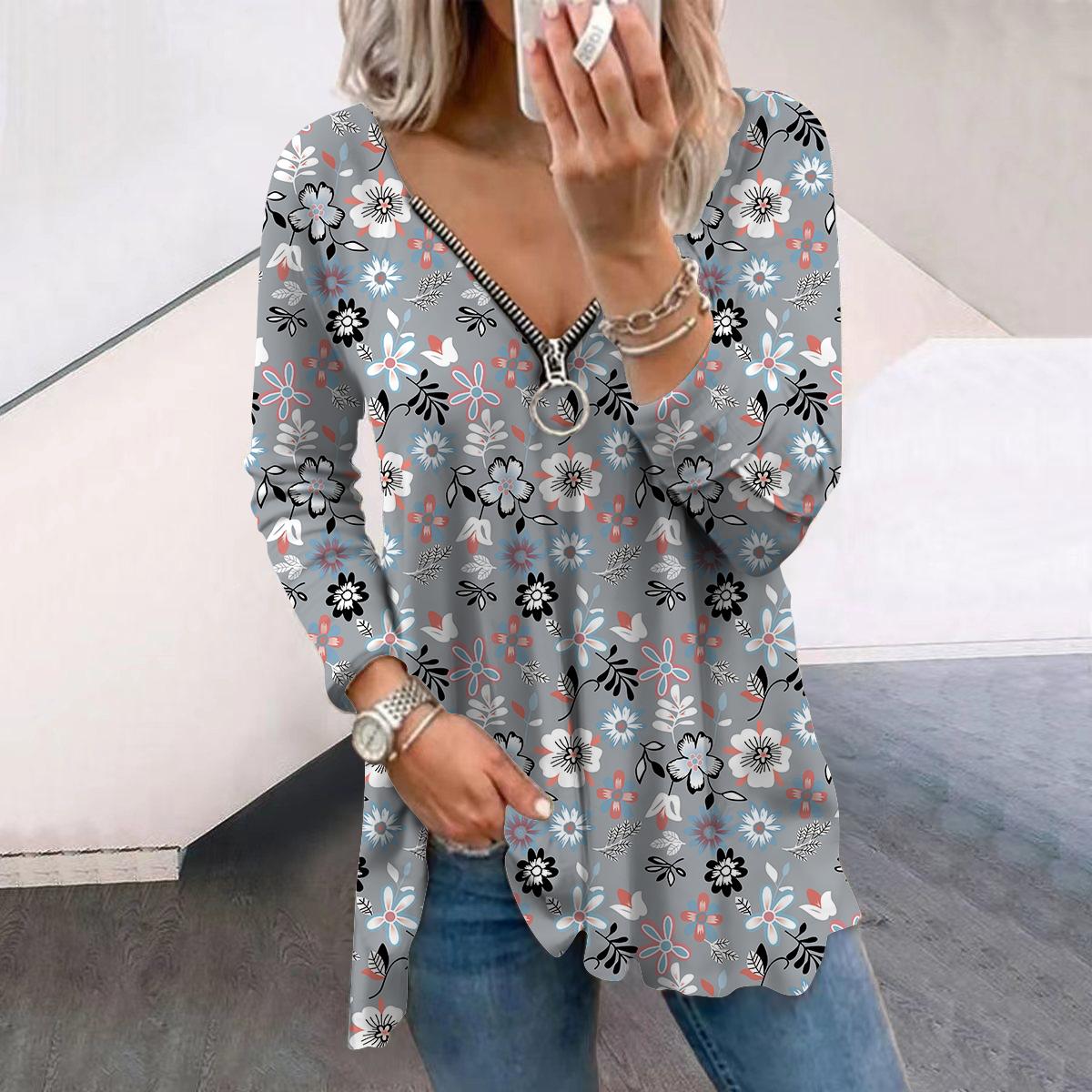 

Женские осенние цветочные розовые цветочные принты с длинным рукавом футболки свободные V-образным вырезом больших размеров футболки топы удобные блузки 8XL серый