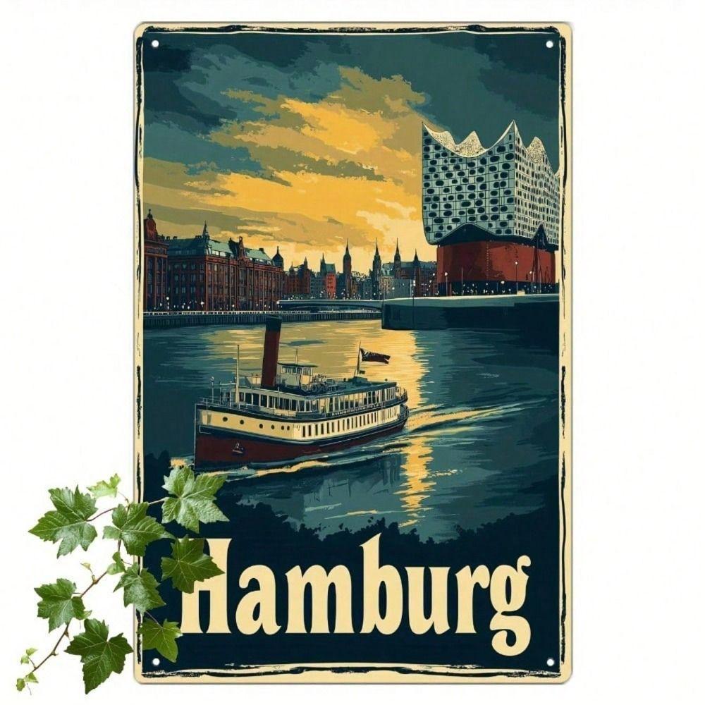 Vintage Metal Wall Art Hamburg Elbphilharmonie Cityscape Tin Sign for Living Room