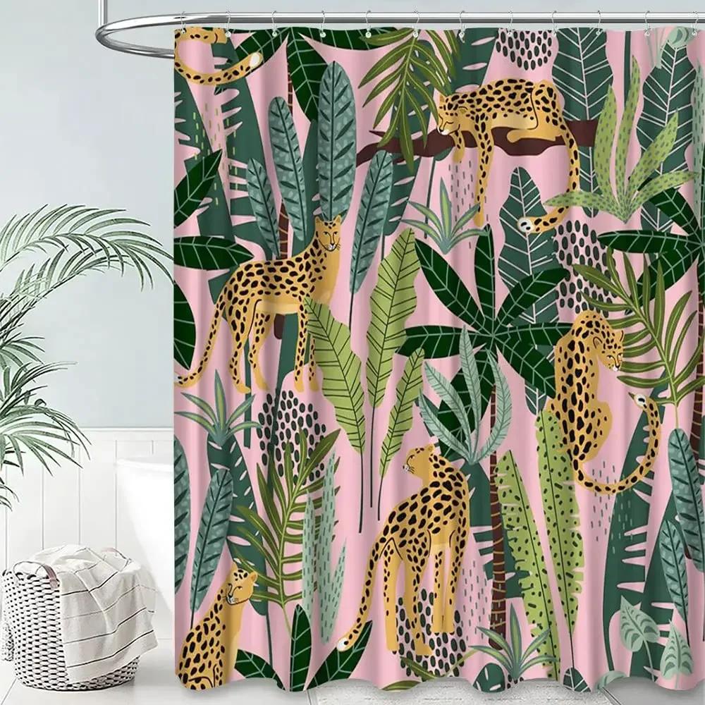 Boho Gepard Duschvorhang,Tropischer Leopard Wildtier Badevorhang,Moderner Rosa Ästhetik Mondphase Blau Floral Badezimmer Vorhang