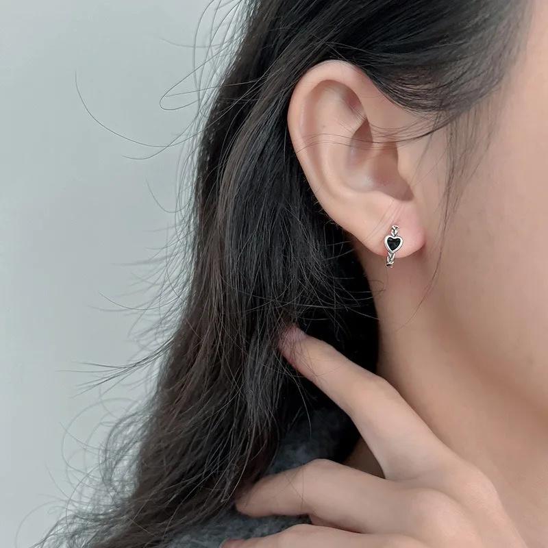 925 Silver Black Heart Hoop Earrings Temperament Simple Inlaid for Women Wedding Jewelry Accessories
