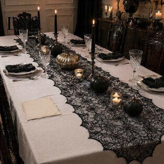 Versatile Coffee Table Runner Spider Web Runner, Black Lace Gothic Party Decor Cobweb for Halloween Dining Decoration Decorative Cover