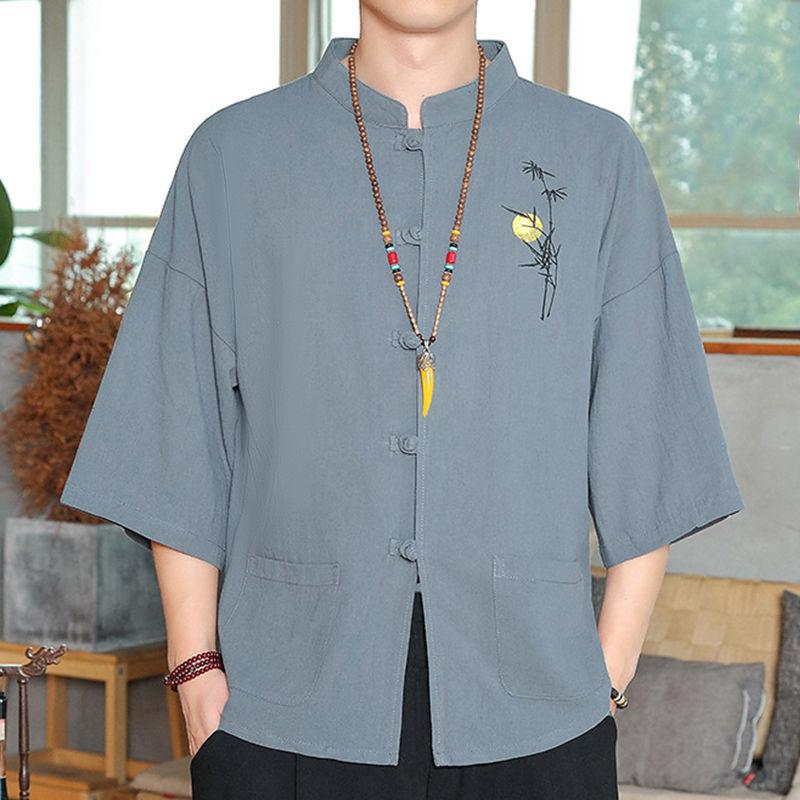Chinese Men's Three-Quarter Sleeve Embroidered Tang Suit Cardigan Shirt