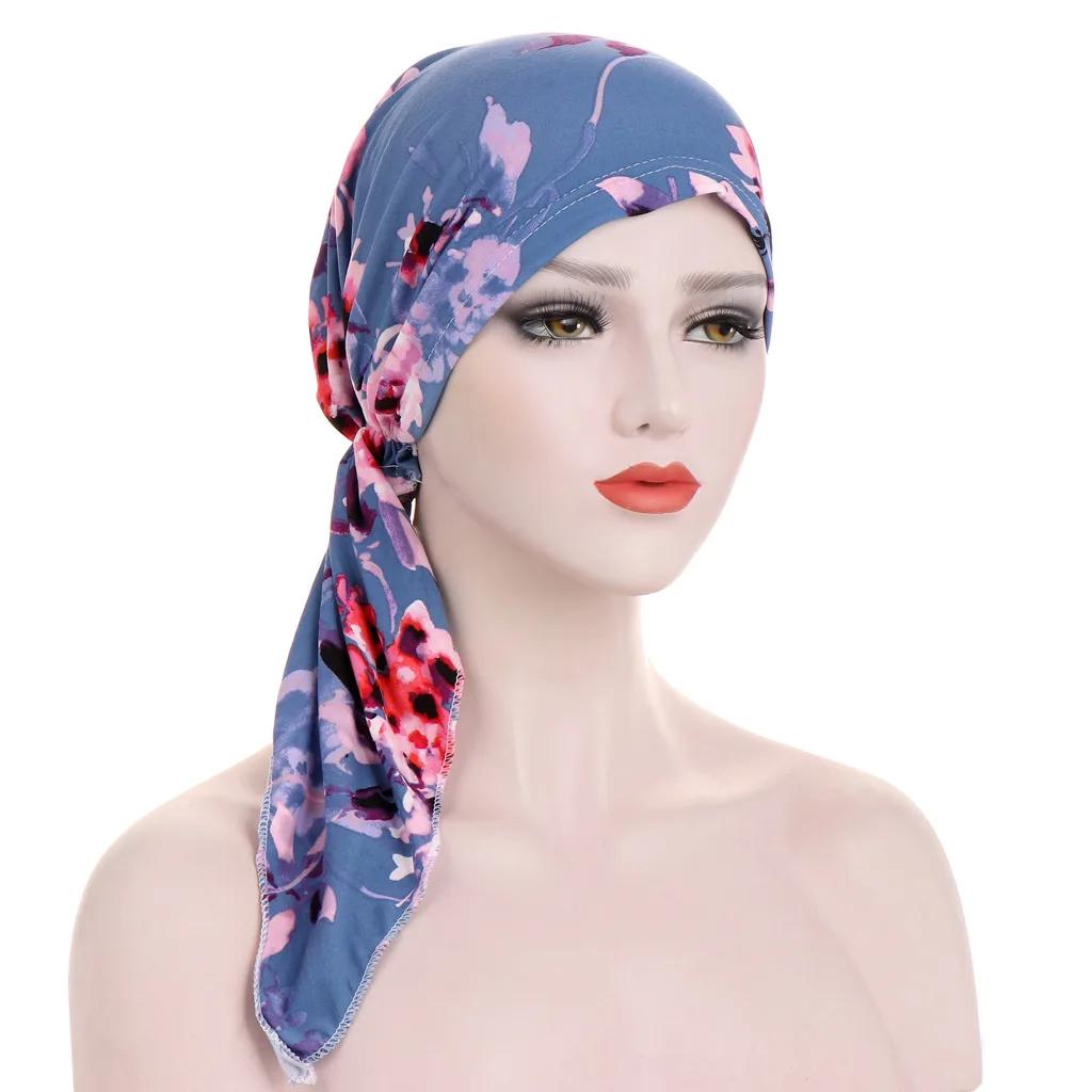 

Women Printed Turban Cap Muslim Hijab Inner Caps Beanies Bonnet Long Tail Headscarf Strech Bandana Hat