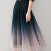Eleganta tyllkjolar Dam Hög midja Gradient Mesh Plisserad Midikjol Koreansk Elastisk Lös Casual All Match A-linjekjol
