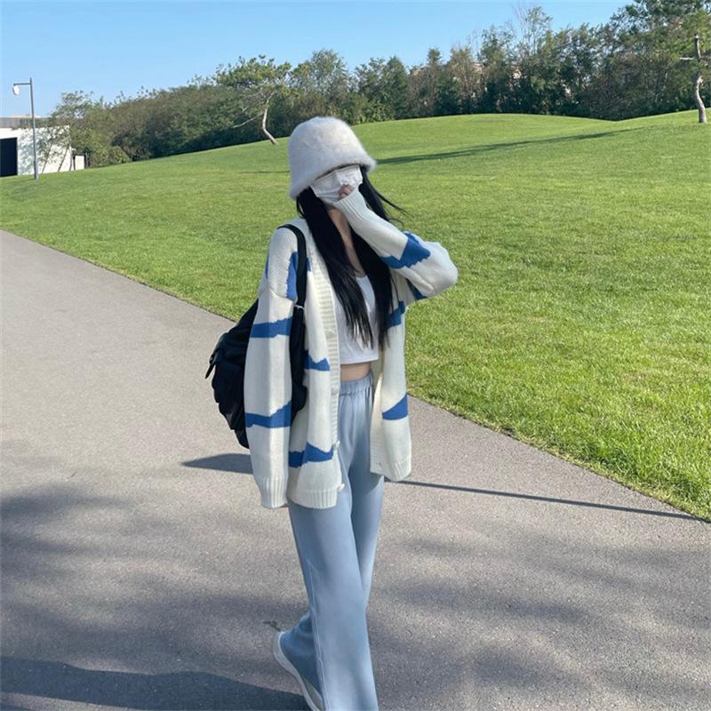 Pulover de damă de toamnă și iarnă, cu dungi care se confruntă, cardigan tricotat cu decolteu în V, în stil colegiu, cu mânecă lungă
