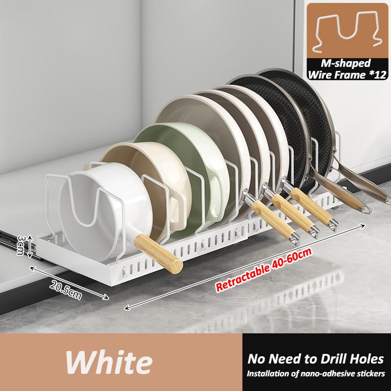 Kitchen Pots and Pans Storage Box with Sliding Rail Spice & Dish Rack Drawer Organizer Retractable Cabinet Pantry Shelves Holder