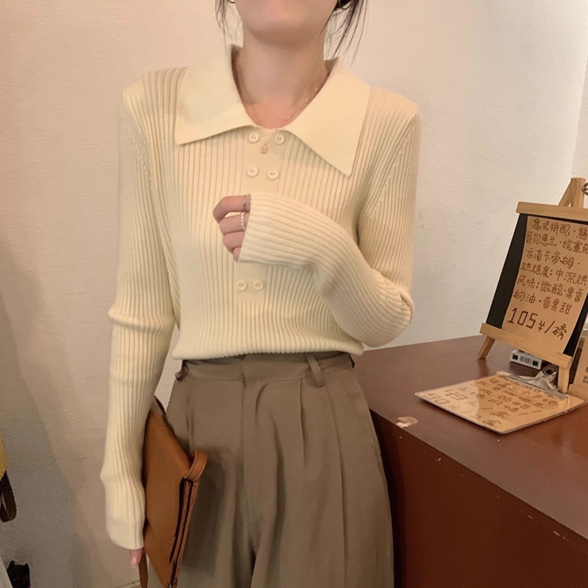 

Polo Collar Soft Sweater Inner Wear Autumn Winter Women s Temperament Base Layer Knitwear Unique and Exquisite Top S абрикосовий