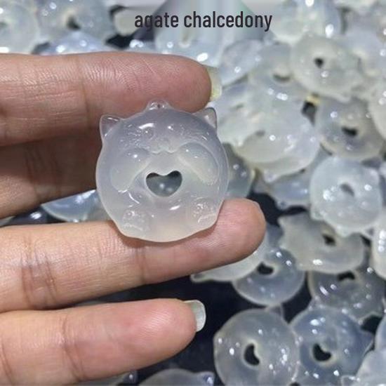 Ice-Type White Agate Totoro Cat Pendant Necklace Unisex Anime Jade Stone