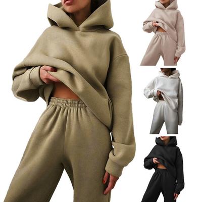 Women Winter Fall Tracksuit Suit Hoodie Pants Set Solid Color Loose Soft Casual Warm Elastic Waist Pockets Thick Jogging Top Trousers Set