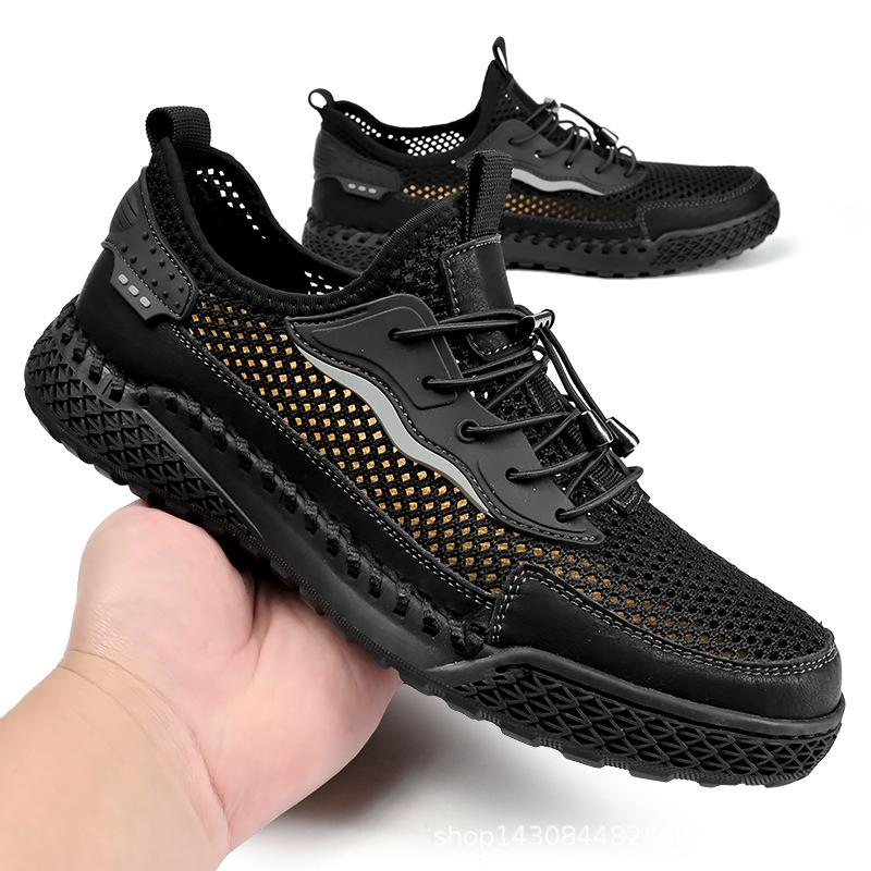 Leather Fly-woven Sneakers Men's Mesh Casual Shoes Hollowed Out