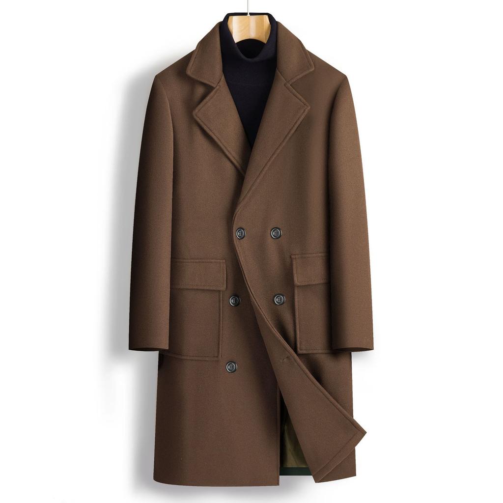 Autumn and Winter Men's Double-breasted Youth Solid Color Casual Medium and Long Woolen Coat Men