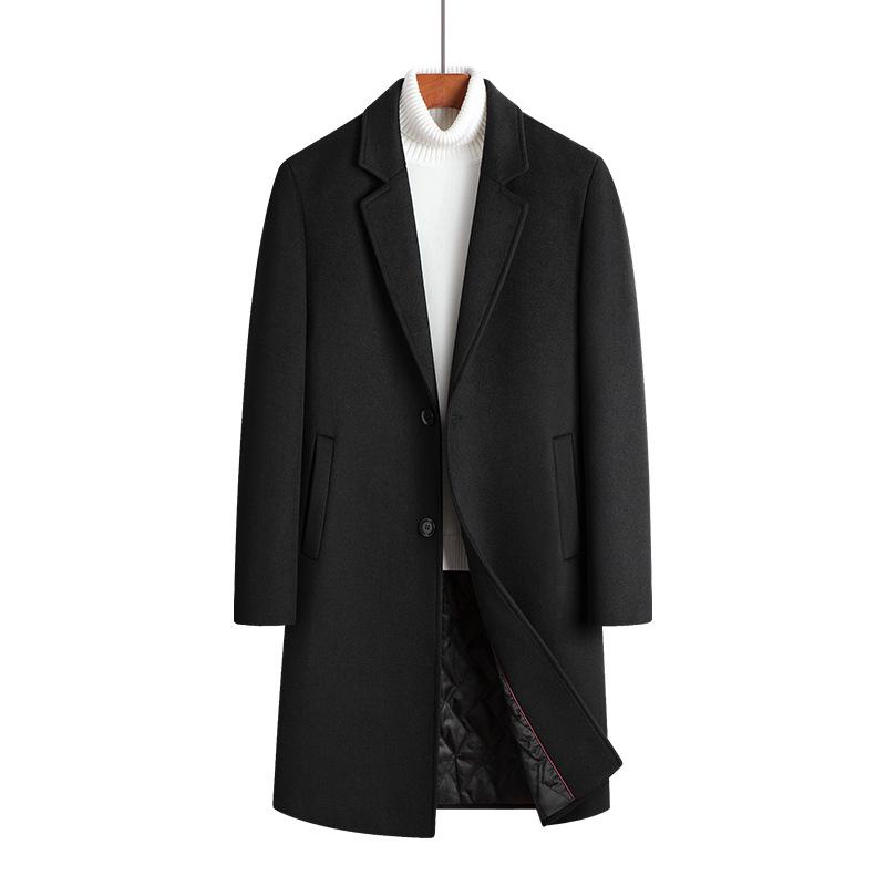 Men's Mid-Length Wool Overcoat with Cotton Padding and Suit Collar - Casual Plus Size