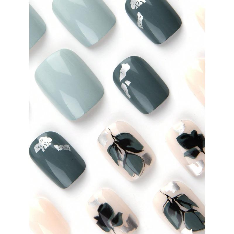 24pcs Square Fake Nails With Fresh Elegant Dark Green Leaf Gold Foil Morandi Style Design Press On Nails Nail Art Supplies