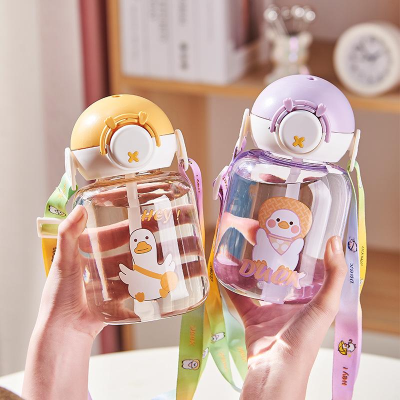 Kids straw cup cute plastic cup cartoon water cup drop and leak proof cup outdoor portable bullet lid water bottle