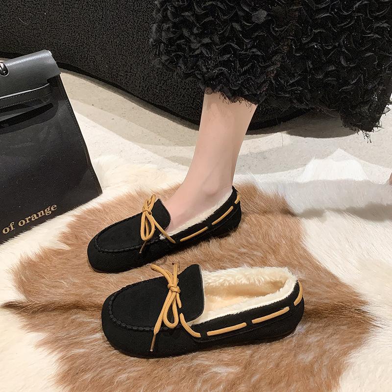 2025 autumn and winter new leather fur integrated beanie shoes women's cotton shoes velvet versatile fluff shoes flat student shoes