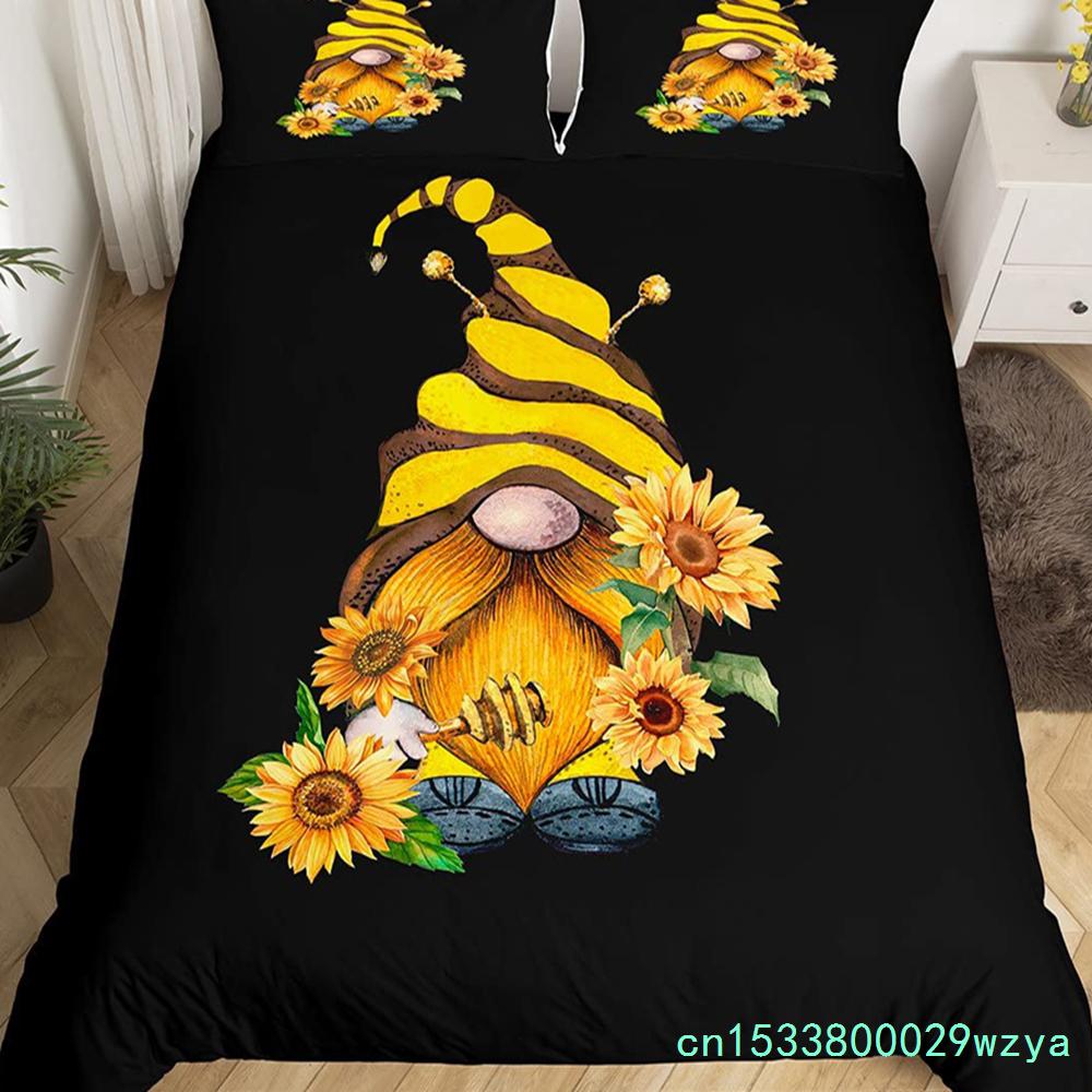 Purple Lavender Dwarf Duvet Cover King Queen Kawaii Cartoon Gnome Bedding Set Spring Flowers Comforter Cover Floral Quilt Cover