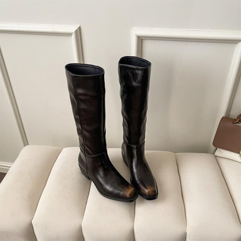 Square head thick heel high boots knight boots women's autumn and winter thick-soled thick legs thin wide tube boots