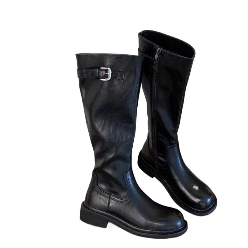 Mid-calf Square Heel Modern Boots Winter Round Toe Women's Shoes on Sale 2024 Low Heel Belt Buckle Concise Women's Boots