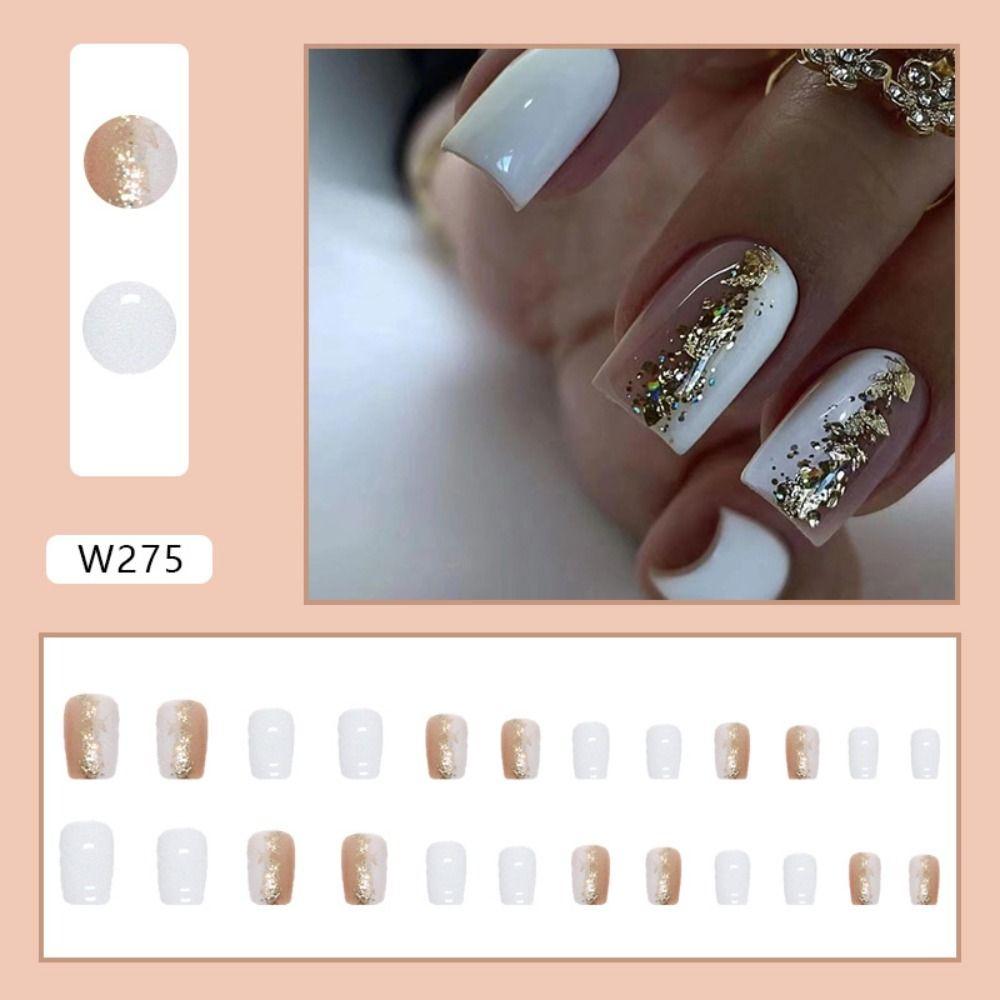 24pcs Detachable Fake Nials Gold Gitter Press on Nails Star Wavy French False Nails Short Square