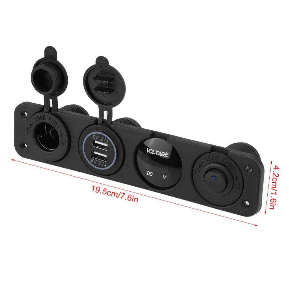 Switch Panel, 12-24V LED Dual USB Charger Voltmeter, Cigarette Lighter Power Outlet, 4 Hole